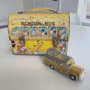 WALT DISNEY TIN YELLOW SCHOOL BUS LUNCHBOX AND TOY METAL SCHOOL BUS